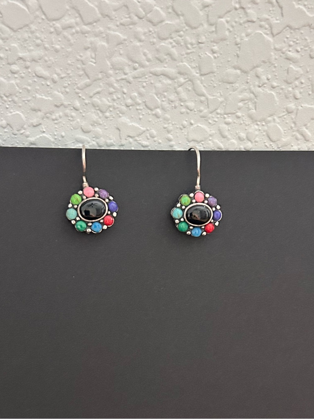 Sterling Silver & Oval Black Onyx w/Multicolor Rainbow Stone Halo Drop Earrings